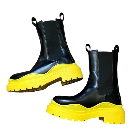 Azalea Wang | Chunky Platform Ghosted Chelsea Rain Boots Grunge Black Yellow 5 - Picture 4 of 11